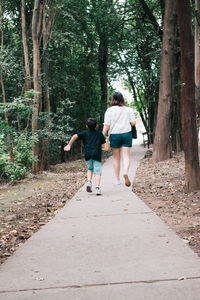 Rear view of friends walking on footpath in forest