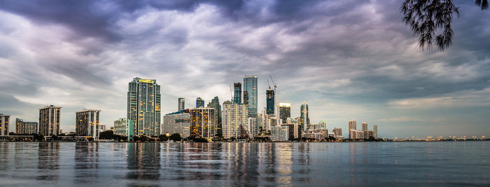 City at waterfront against cloudy sky