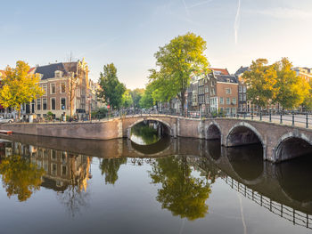 Serene morning scene in amsterdam with traditional houses, bikes on a bridge, and canal reflection.