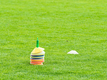 High angle view of multi colored umbrella on field