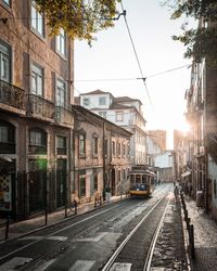 Cable car on street in city