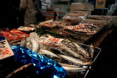 View of fish produce for sale at market stall