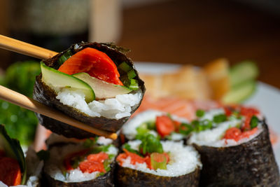 Close-up of sushi served in plate