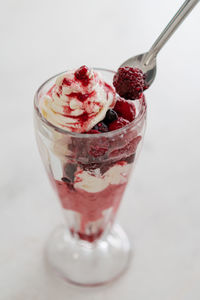 Close-up of ice cream in glass against white background