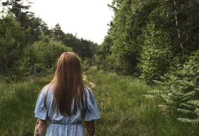 Rear view of woman standing in forest