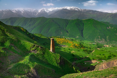 Ancient chechen towers in the caucasus mountains