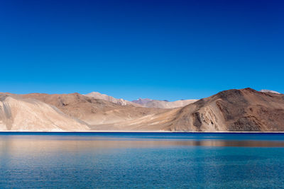 Scenic view of lake and mountains against clear blue sky