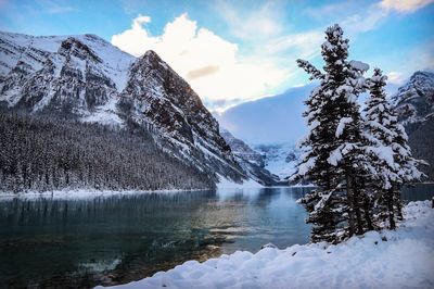 Scenic view of lake and mountains against sky