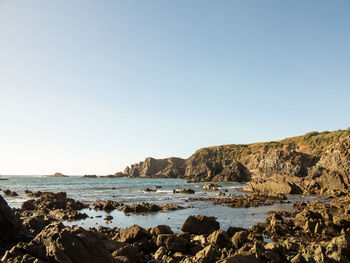 Scenic view of beach against clear sky