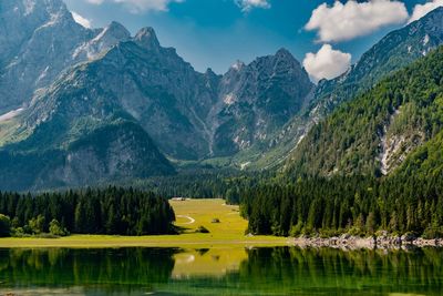 Scenic view of lake and mountains against sky