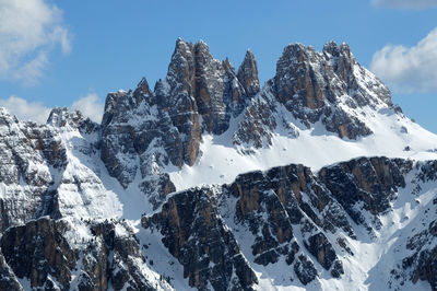 Low angle view of snowcapped mountains against sky