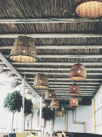 Low angle view of lanterns hanging on ceiling of building