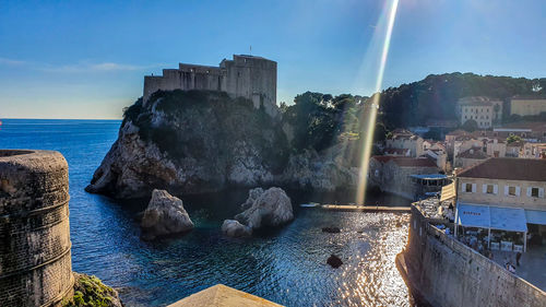 Panoramic view of sea and buildings against sky