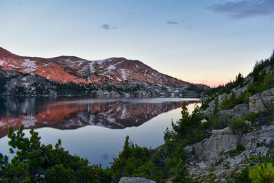 Scenic view of lake and mountains against sky