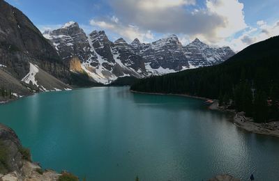 Scenic view of lake by snowcapped mountains against sky