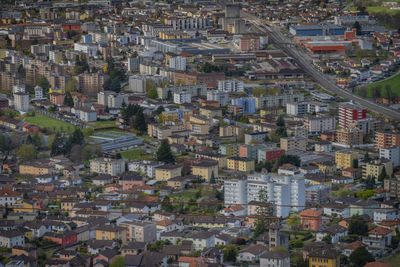 High angle view of buildings in city