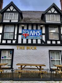 Low angle view of text on building against sky