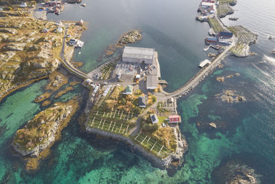 High angle view of boats in city