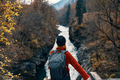 Rear view of man looking at waterfall