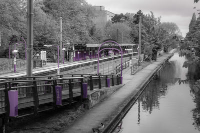 Train on bridge over canal