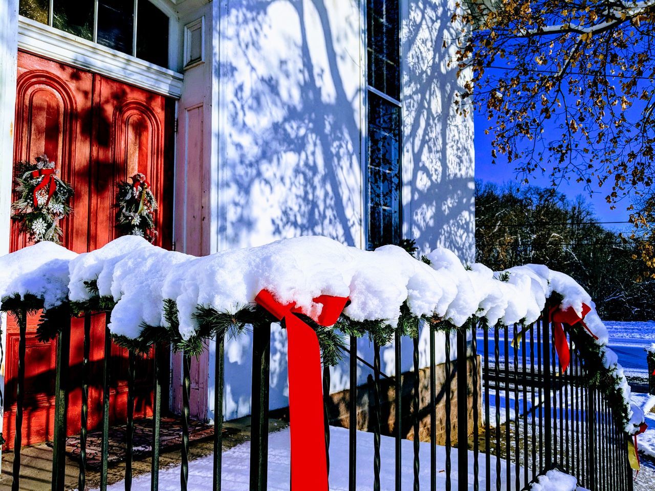 winter, snow, cold temperature, weather, frozen, white color, red, ice, nature, outdoors, icicle, day, building exterior, no people, snowing, built structure, architecture, tree, snowflake, beauty in nature, snowdrift, close-up