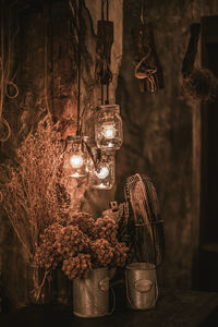 Close-up of illuminated light bulbs on table