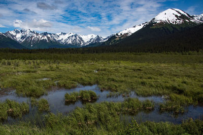 Scenic view of snow covered mountains