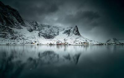 Scenic view of snowcapped mountains and lake against sky