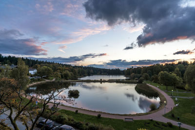 Panoramic view of lake against sky during sunset