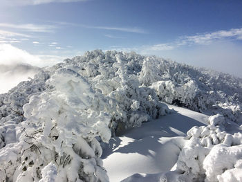 Scenic view of snow covered mountains against sky