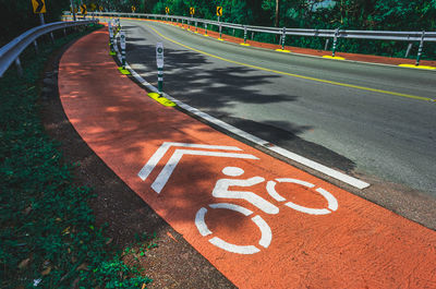 High angle view of bicycle lane and road