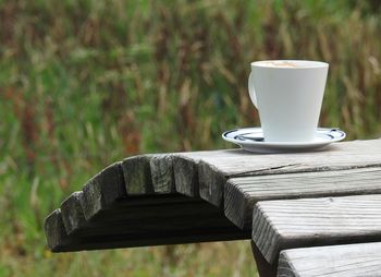 Close-up of coffee cup on bench