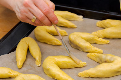High angle view of person preparing food