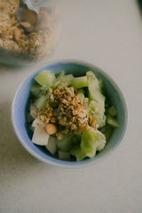 High angle view of fruits in bowl on table