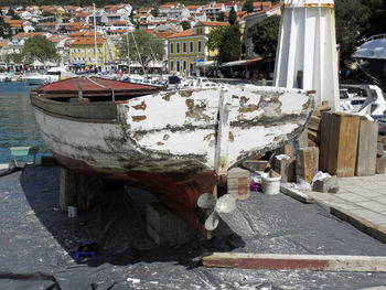 Boats moored on shore