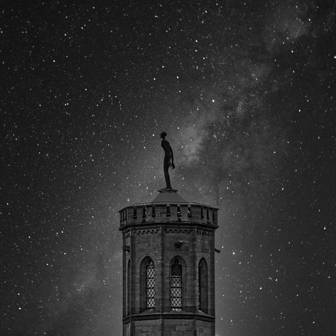 star, night, astronomy, darkness, space, sky, architecture, low angle view, built structure, star field, galaxy, nature, black and white, space and astronomy, building exterior, travel destinations, astronomical object, tower, history, monochrome, constellation, scenics - nature, the past, science, no people, outdoors, midnight