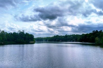 View of calm lake against cloudy sky