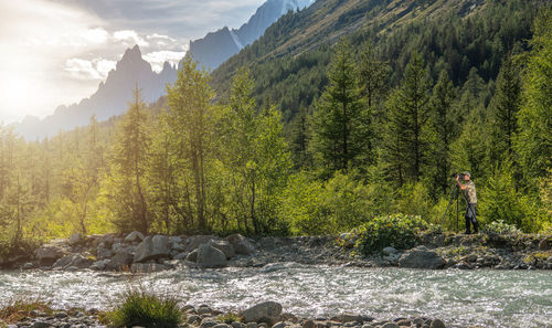 Trees by plants against mountains