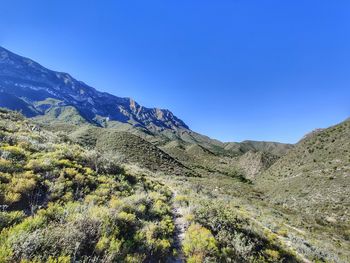 Scenic view of mountains against clear blue sky