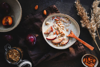 High angle view of breakfast served on table