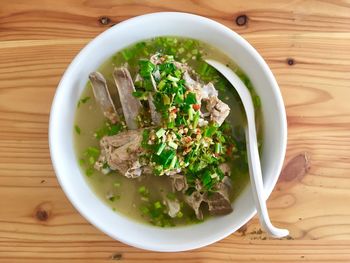 High angle view of soup in bowl on table