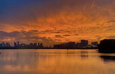 Scenic view of river against sky during sunset