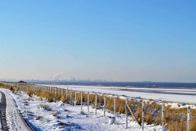 Scenic view of sea against clear sky during winter