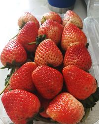 High angle view of strawberries in market