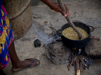 High angle view of man preparing food