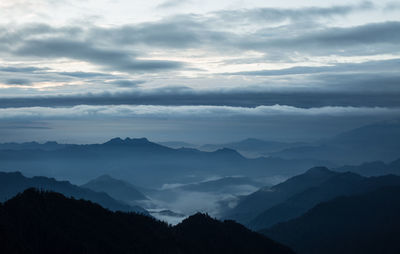 Scenic view of silhouette mountains against sky