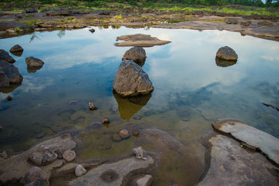 High angle view of rocks in lake