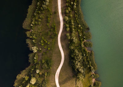 Aerial view of filed between lakes