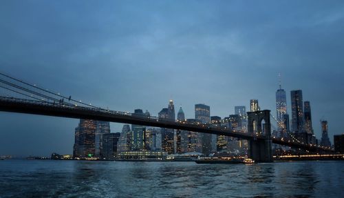 Bridge over river with city in background