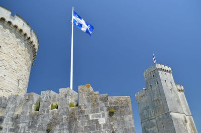 Low angle view of flags against blue sky